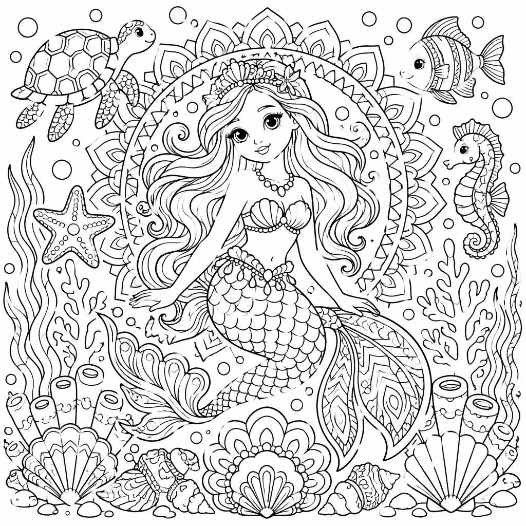 Ilustración para colorear en blanco y negro de una sirena bajo el mar, estilo mandala geométrico para niños.