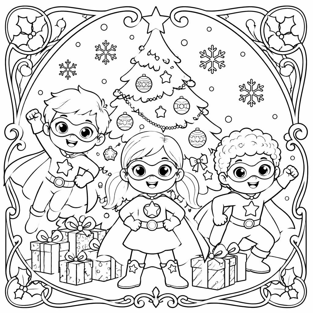 Schwarz-weiße Ausmalbild-Illustration mit Superhelden-Kindern im Jugendstil, klare dicke Konturen auf weißem Hintergrund