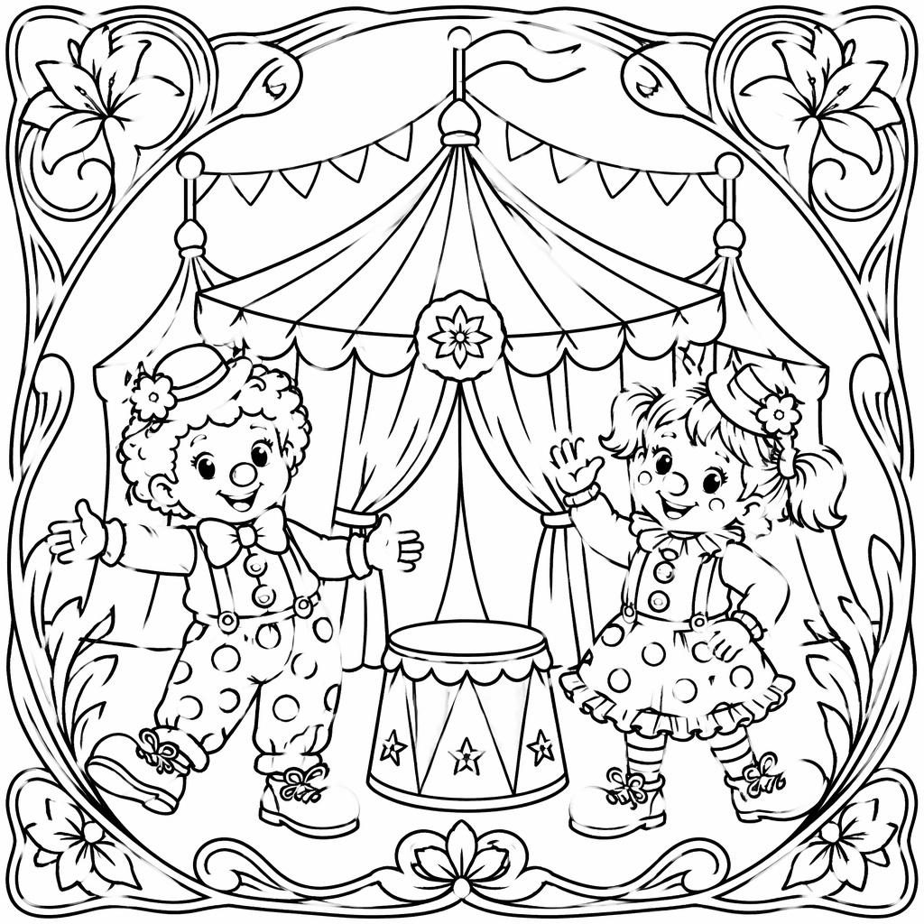 Illustration noir et blanc à colorier montrant un chapiteau de cirque avec des clowns enfants, style art nouveau.