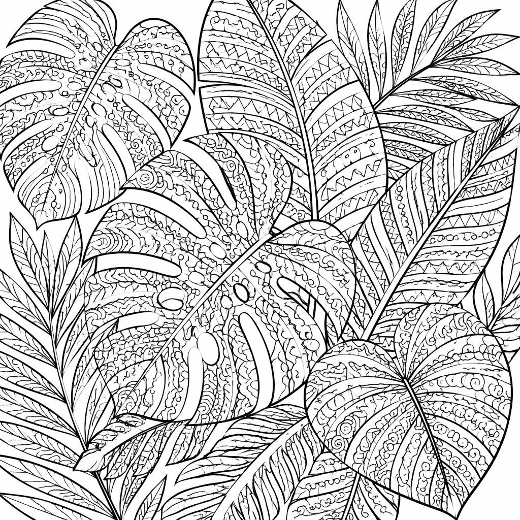 Black-and-white coloring page of tropical leaves in zentangle style with clean outlined shapes on a white background.