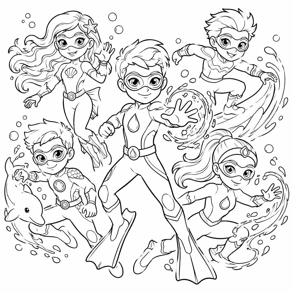 Ilustración para colorear en blanco y negro de niños superhéroes estilo botánico, con contornos limpios.
