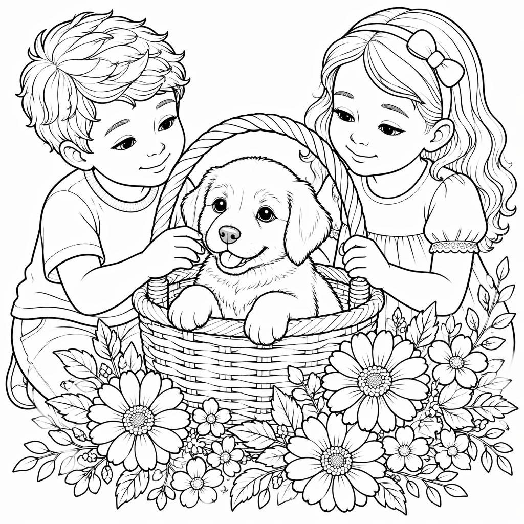 Ilustración para colorear en blanco y negro de un cachorro en una canasta junto a niños, con líneas limpias.