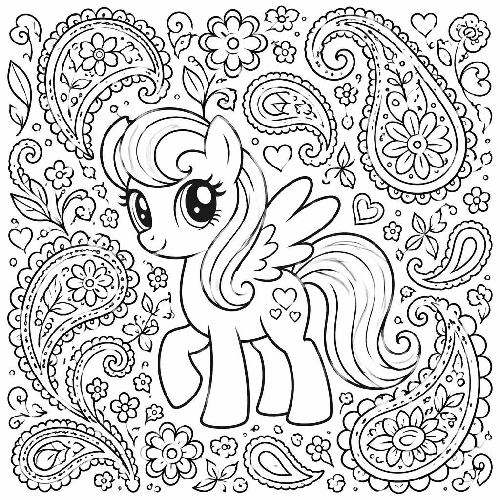 Černobílá omalovánka s detailními paisley vzory v botanickém stylu, čisté obrysy na bílém pozadí.