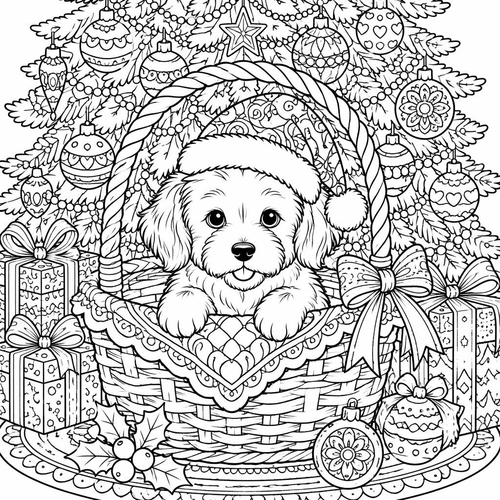 Black-and-white coloring page of a puppy in a basket with kids, in intricate zentangle line art on a white background.