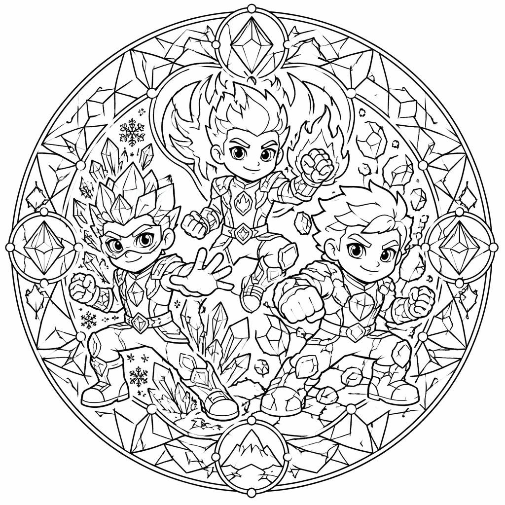 Schwarz-weiße Ausmalseite mit Superhelden-Cartoonkindern im einfachen Mandala-Linienstil auf weißem Hintergrund