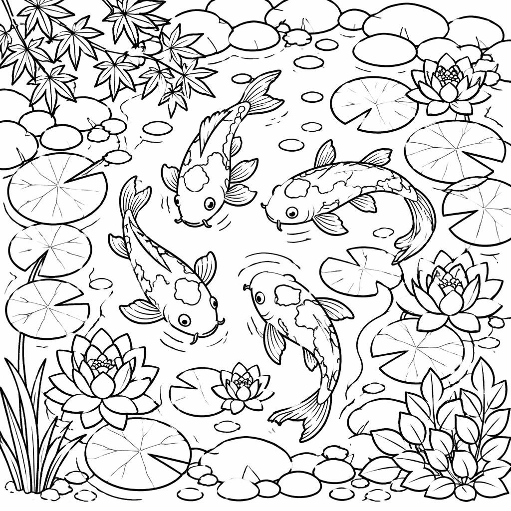 Schwarz-weiße Ausmalseite mit niedlichem Koi-Teich, Fischen, Pflanzen und klaren Konturen auf weißem Hintergrund.