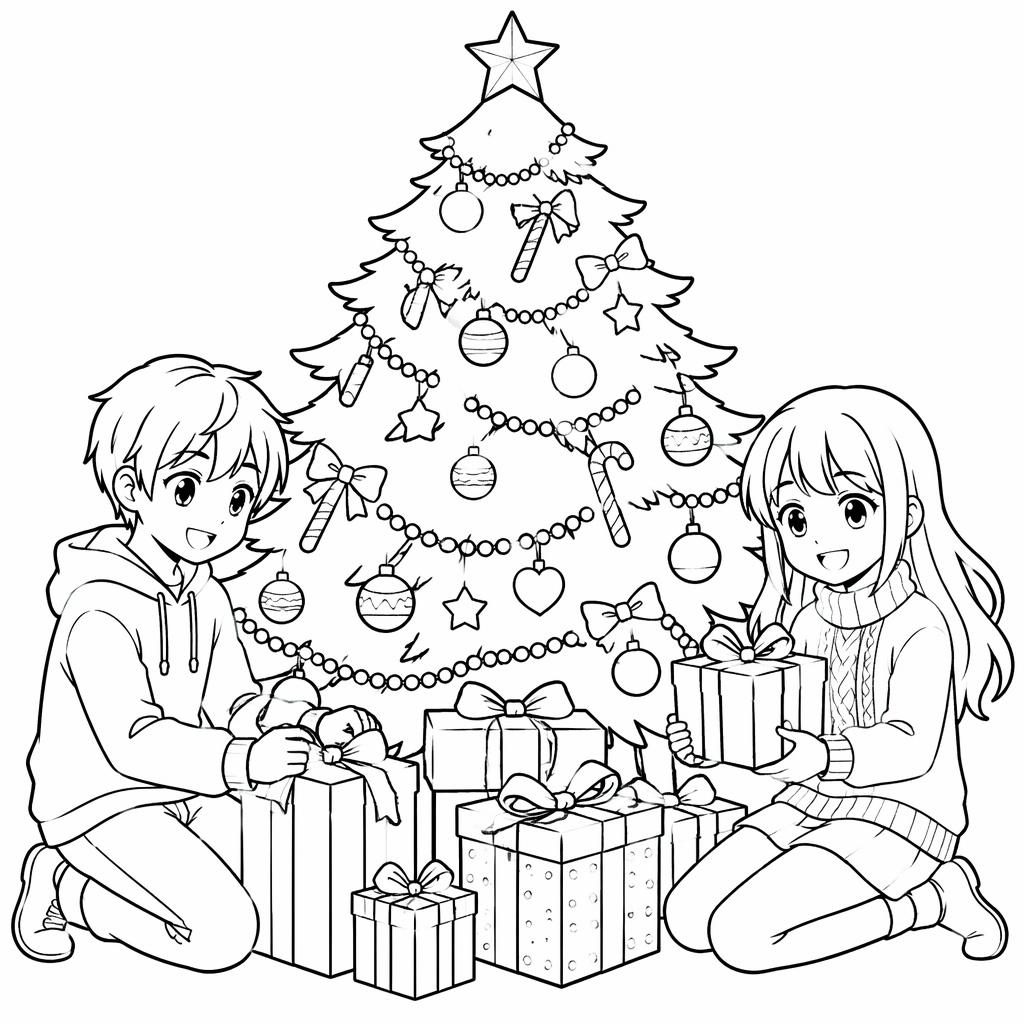 Schwarz-weiße Ausmalbild-Illustration mit Weihnachtsbaum, Geschenken und Kindern im Manga-Stil.