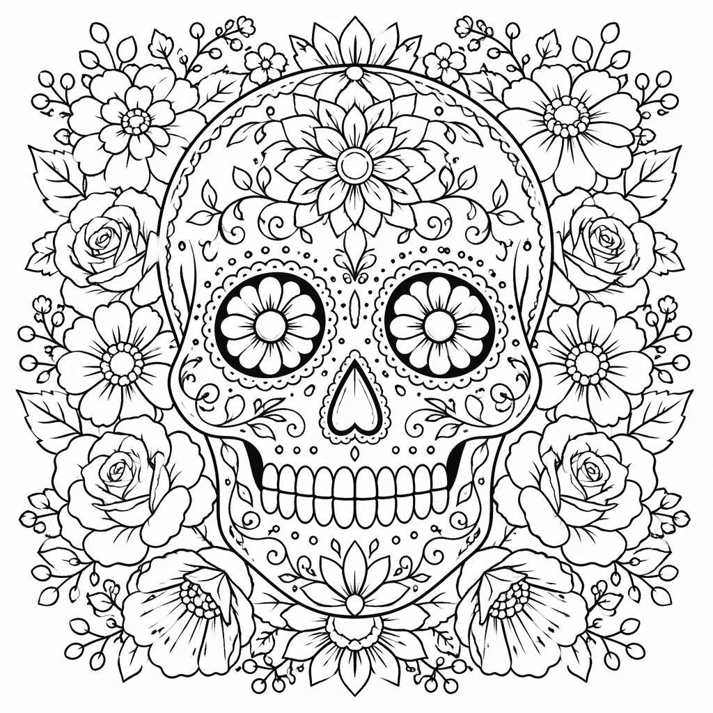 Illustration à colorier en noir et blanc d’une tête de mort mexicaine ornée de fleurs et motifs botaniques détaillés.