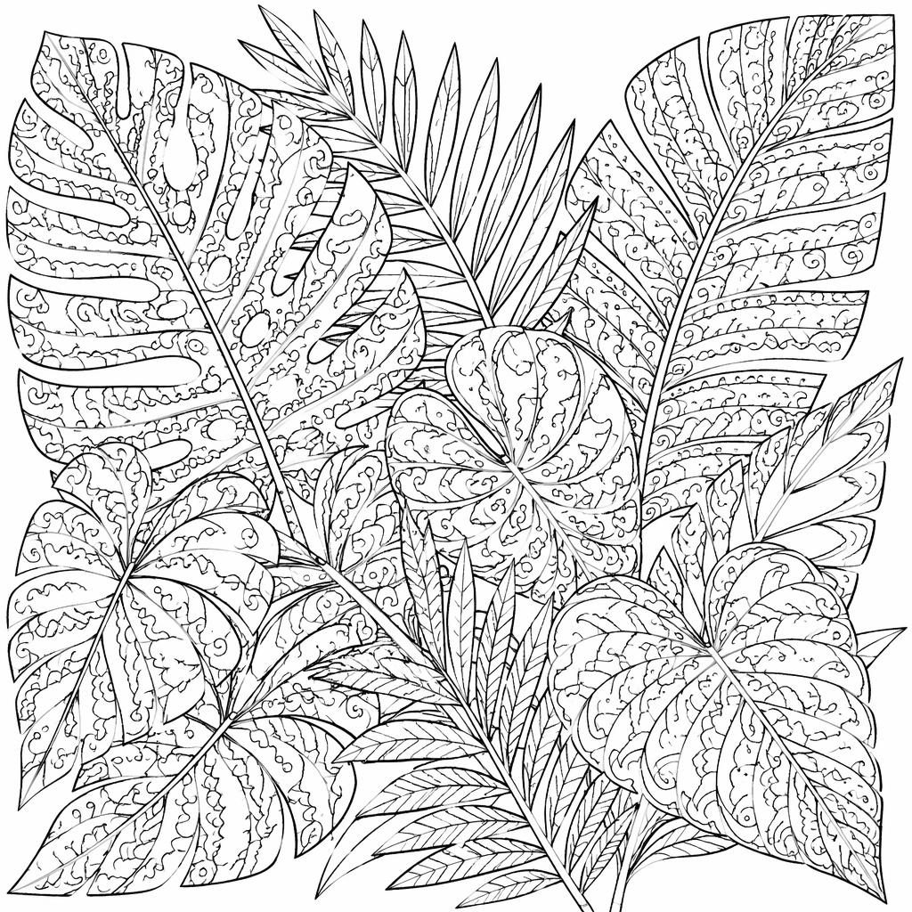 Illustration à colorier en noir et blanc de feuilles tropicales zentangle, très détaillées, en contours nets sur fond blanc