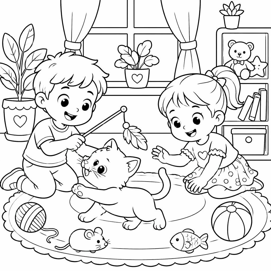 Illustration à colorier en noir et blanc d’un chat joueur avec des enfants, style cartoon mignon, contours nets.