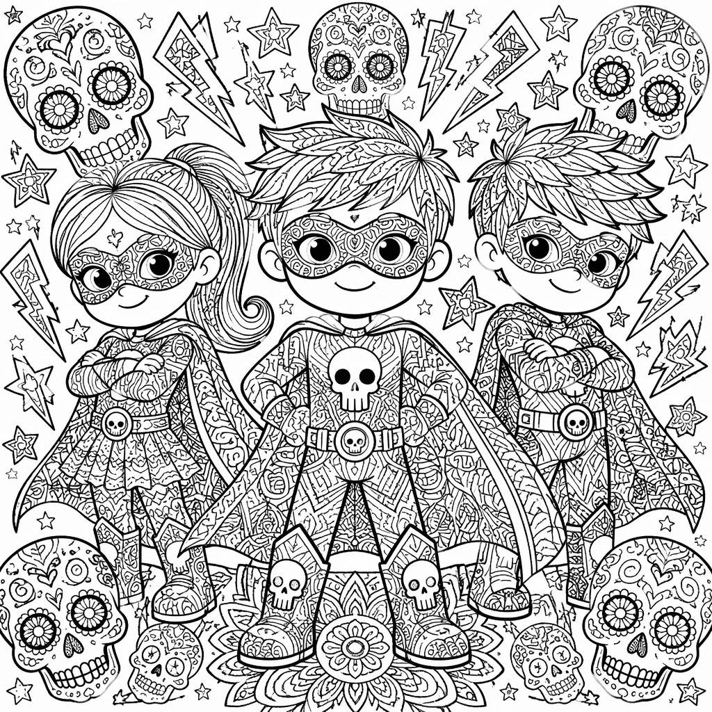 Black-and-white coloring page of superhero cartoon kids in intricate zentangle line art with skull motifs and closed shapes.