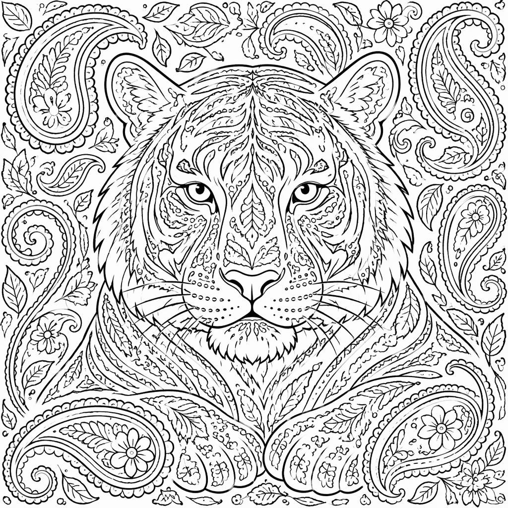 Schwarz-weiße Ausmalseite mit Tiger und detailreichen Paisley-Mustern als klare Line-Art auf weißem Hintergrund.
