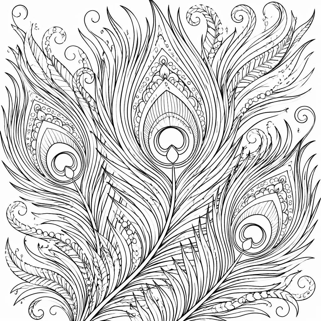 Ilustración para colorear en blanco y negro con plumas de pavo real detalladas, trazos limpios y estilo manga.