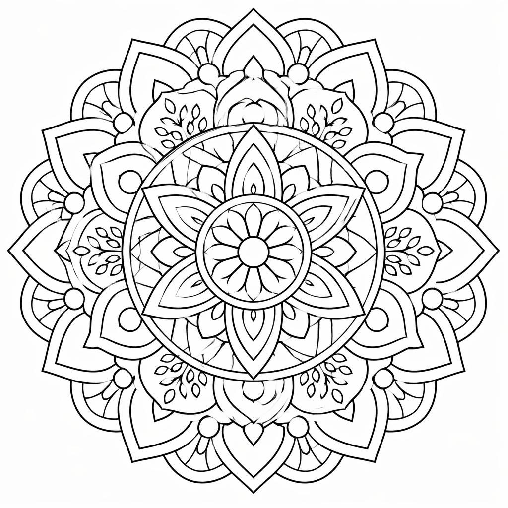 Schwarz-weiße geometrische Mandala-Ausmalseite mit klaren Konturen, symmetrisch und ohne Schattierung