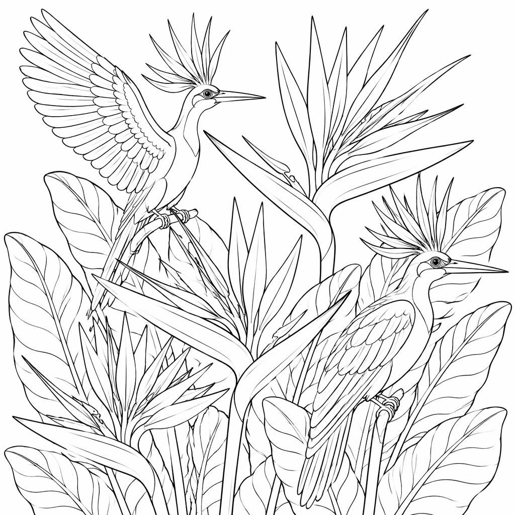 Black-and-white line art coloring page of detailed birds of paradise flowers with clean outlines on a white background.
