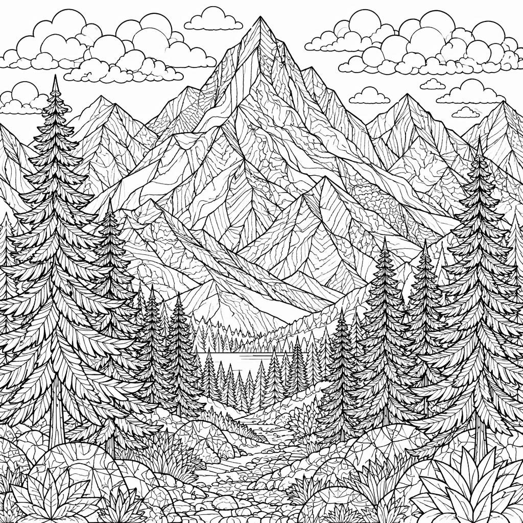 Illustration de coloriage en noir et blanc avec montagnes, sapins et détails fins, style réaliste pour enfants 11+