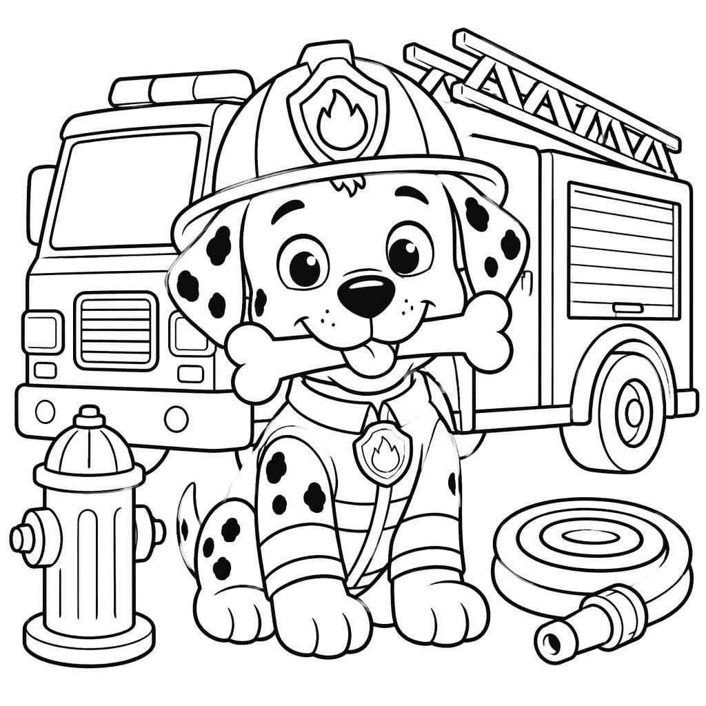 Schwarz-weiße Ausmalseite mit süßem Cartoon-Hund und Knochen, klare Konturen, kindgerecht und druckbar.