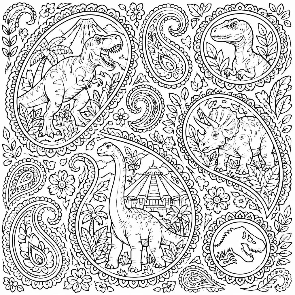 Black-and-white coloring page with intricate paisley patterns in a cute cartoon line-art style on a white background.