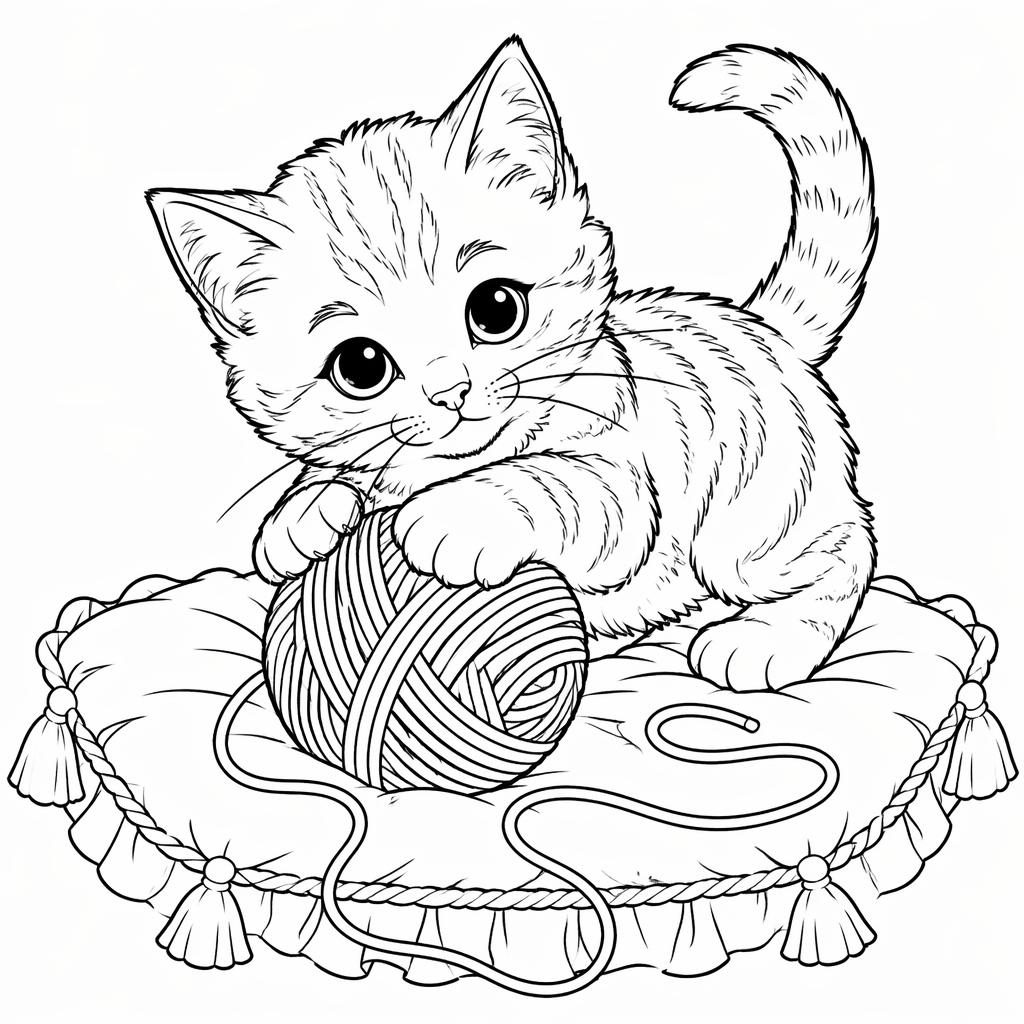 Ilustración para colorear en blanco y negro de un gatito con ovillo, con líneas limpias y detalles intrincados.
