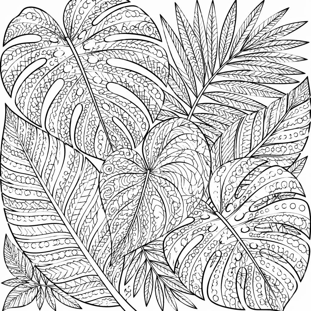 Ilustración para colorear en blanco y negro con hojas tropicales zentangle de detalle intrincado y estilo manga.