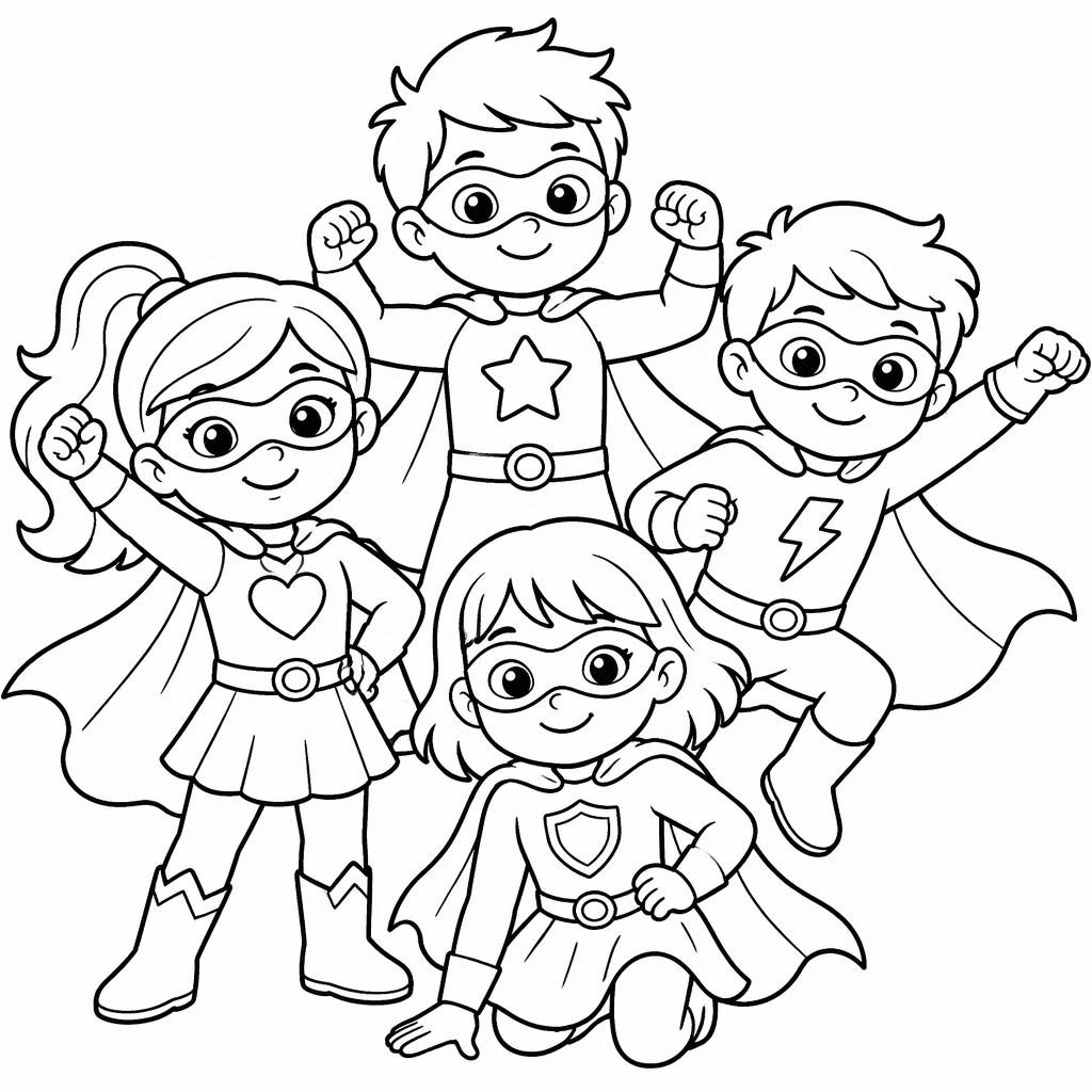 Schwarz-weiße Zeichenvorlage mit niedlichen Superhelden-Kindern als klare Line-Art zum Ausmalen.
