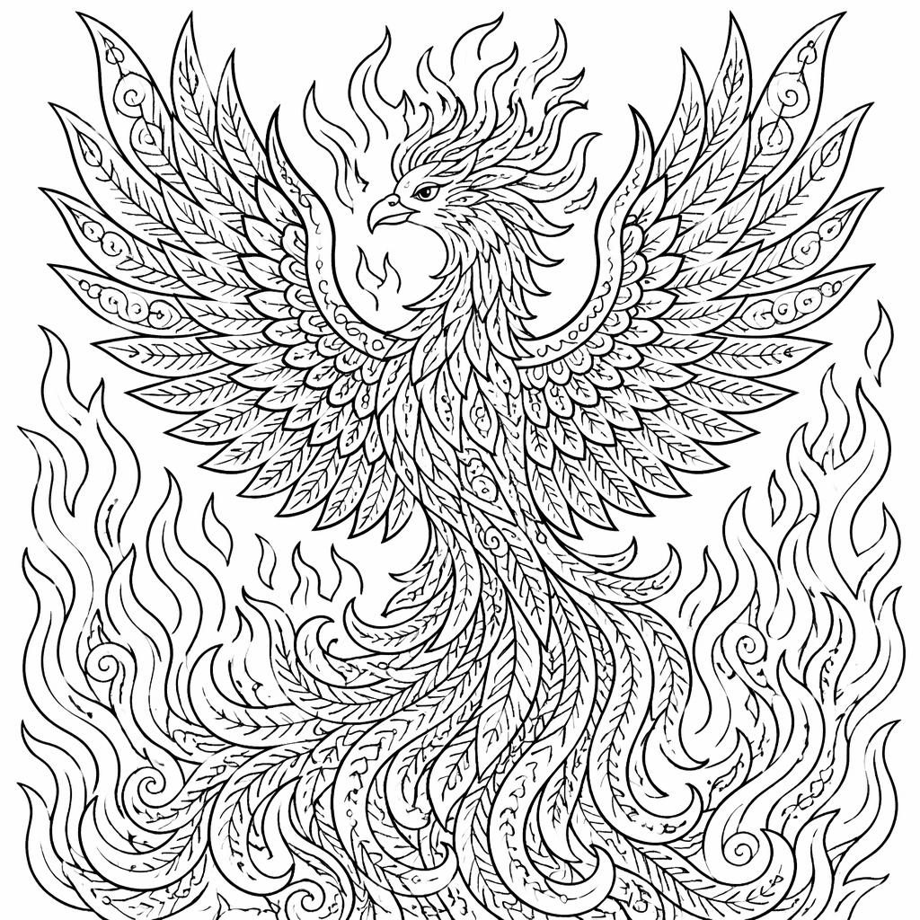 Schwarz-weiße Ausmalbild-Illustration eines Phönix mit fließenden Flammen im Zentangle-Stil auf weißem Hintergrund.