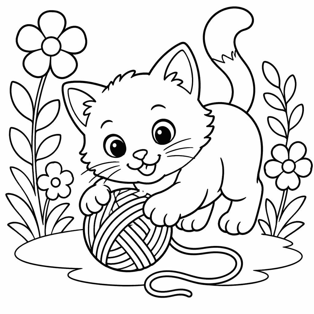 Black-and-white coloring page of a cute kitten playing with yarn, drawn with chunky botanical-style outlines.