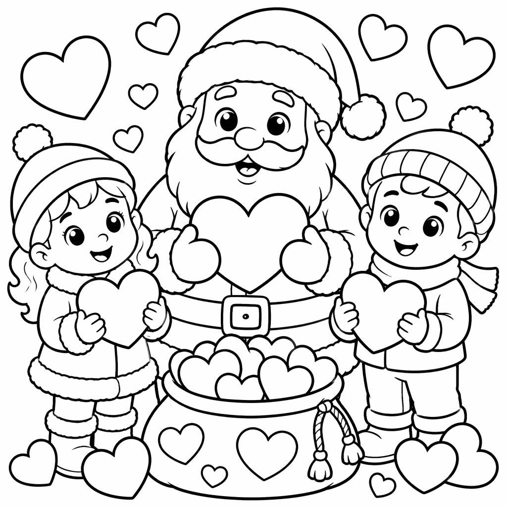 Black-and-white coloring page with chunky valentine hearts and simple botanical details for young kids.