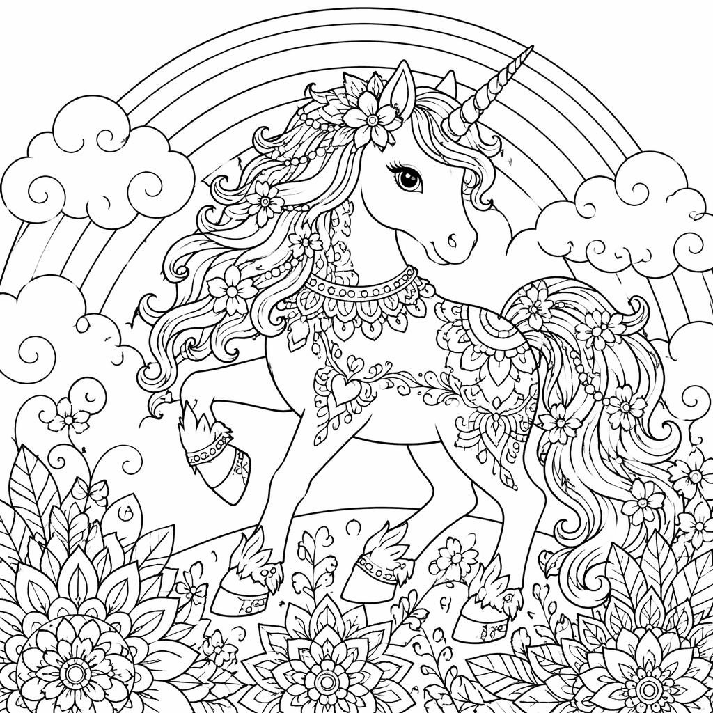Schwarz-weiße Ausmalseite mit einem Einhorn vor einem Regenbogen, detailreich, kinderfreundlich und zum Ausdrucken.
