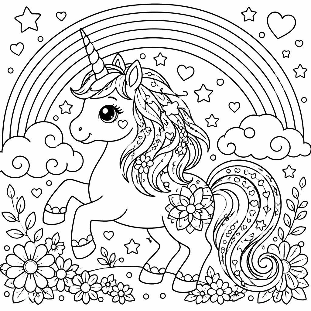 Ilustración en blanco y negro de un unicornio infantil con arcoíris, estilo manga, en página para colorear.