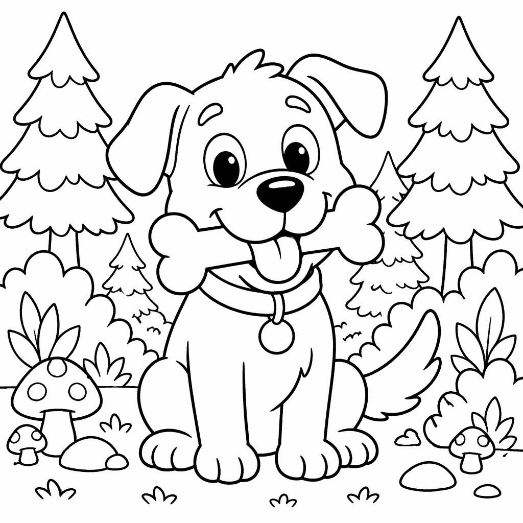 Ilustración para colorear en blanco y negro de un perro tierno con un hueso, líneas gruesas y fondo blanco.