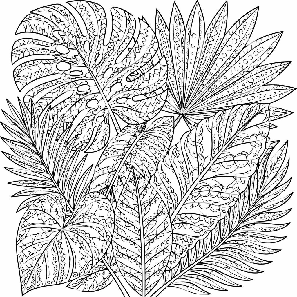 Black-and-white coloring page with tropical leaves in detailed zentangle and mandala-style line art.