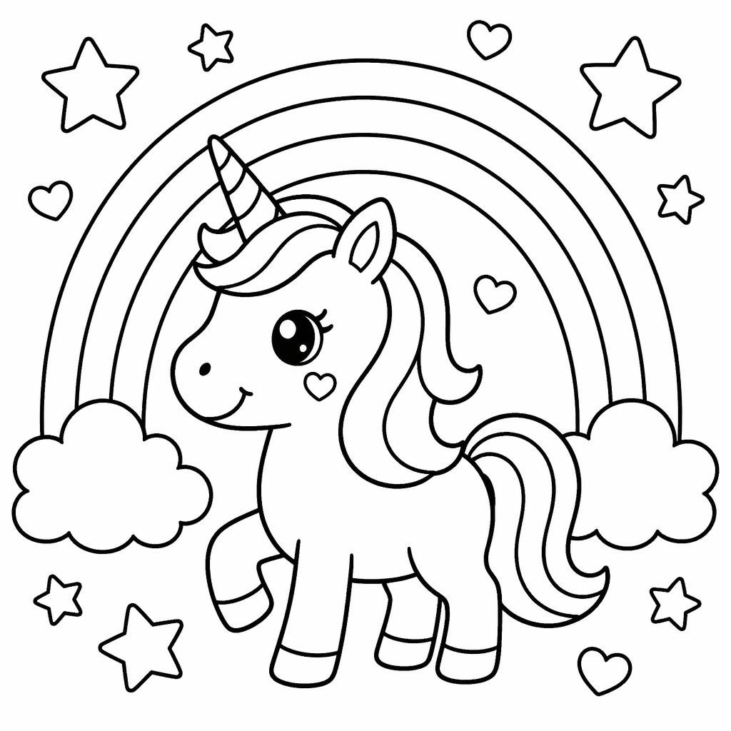 Schlichte schwarz-weiße Ausmalseite mit Einhorn und Regenbogen, dicke Konturen, kinderfreundlich und einfach.