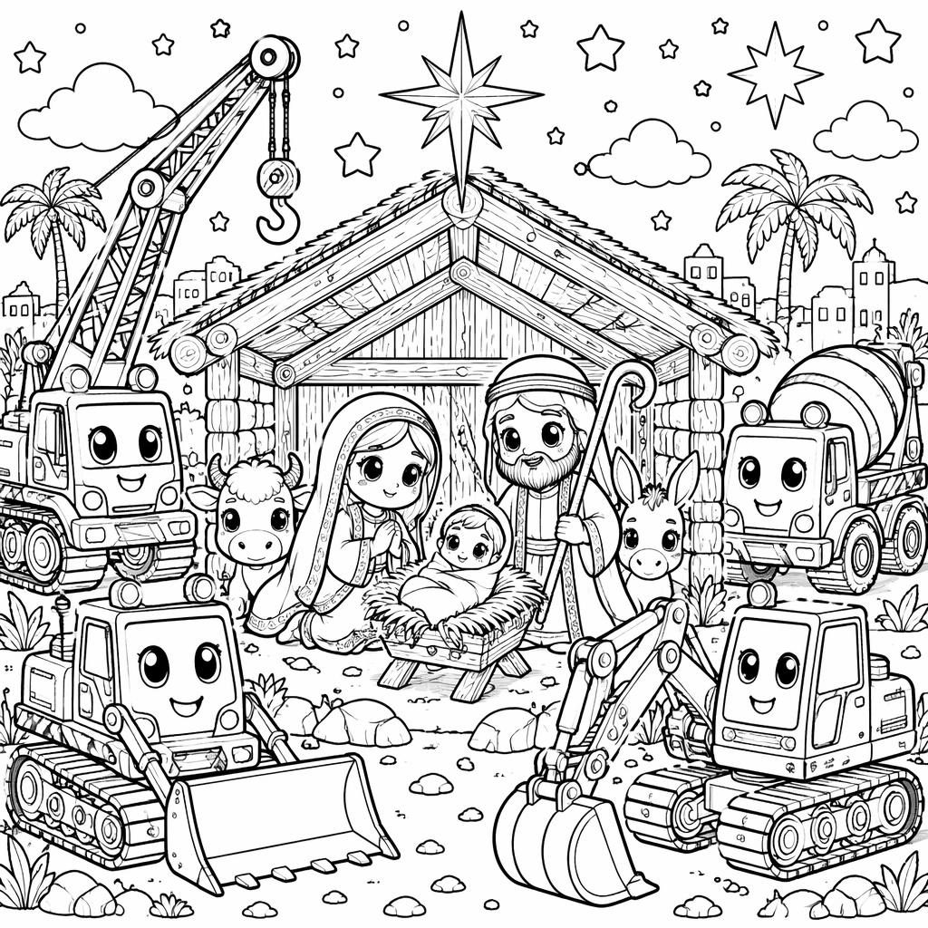 Ilustración para colorear en blanco y negro de camiones de construcción para niños, con líneas limpias y muchos detalles.