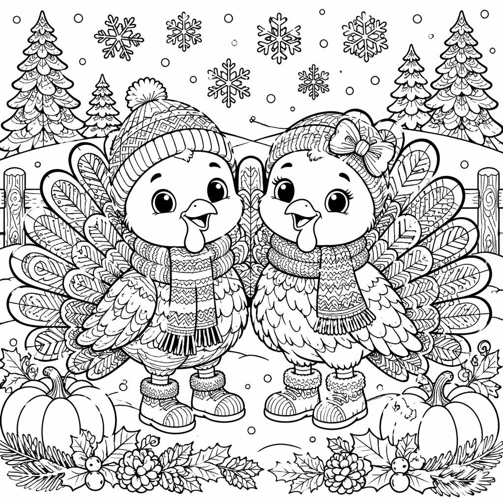 Schwarz-weiße Ausmalbild-Illustration mit Thanksgiving-Truthahn und Kindern im detailreichen Zentangle-Stil