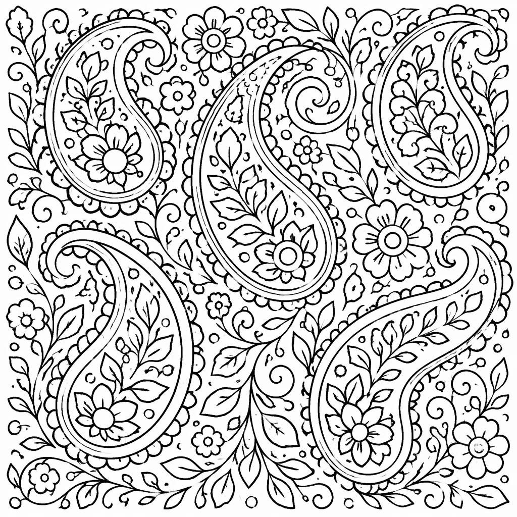 Schwarz-weiße Ausmalvorlage mit detaillierten Paisley-Mustern in klaren schwarzen Konturen auf weißem Hintergrund.