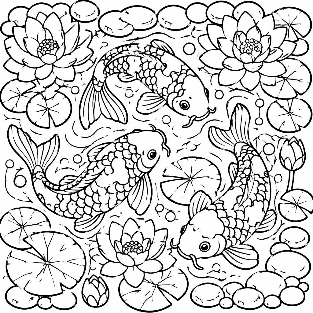 Illustration noir et blanc d’un bassin de carpes koi en style doodle, avec lignes épaisses et formes fermées à colorier.