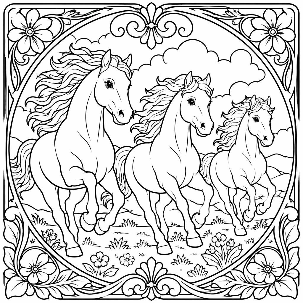 Ilustración para colorear en blanco y negro de varios caballos corriendo, con líneas gruesas y estilo art nouveau.