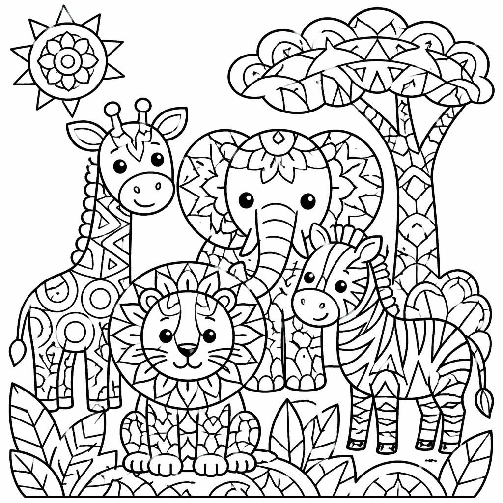 Ilustración en blanco y negro de animales de safari estilo zentangle con formas simples y mandalas para colorear.