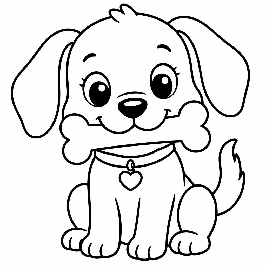 Schwarz-weiße Ausmalseite mit einem niedlichen Hund und Knochen, in sehr einfachen dicken Konturen für Kleinkinder.