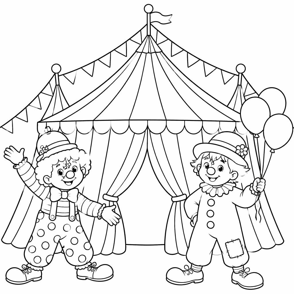 Schwarz-weiße Ausmalillustration mit Zirkuszelt, Clowns und kindgerechter Line-Art auf weißem Hintergrund.