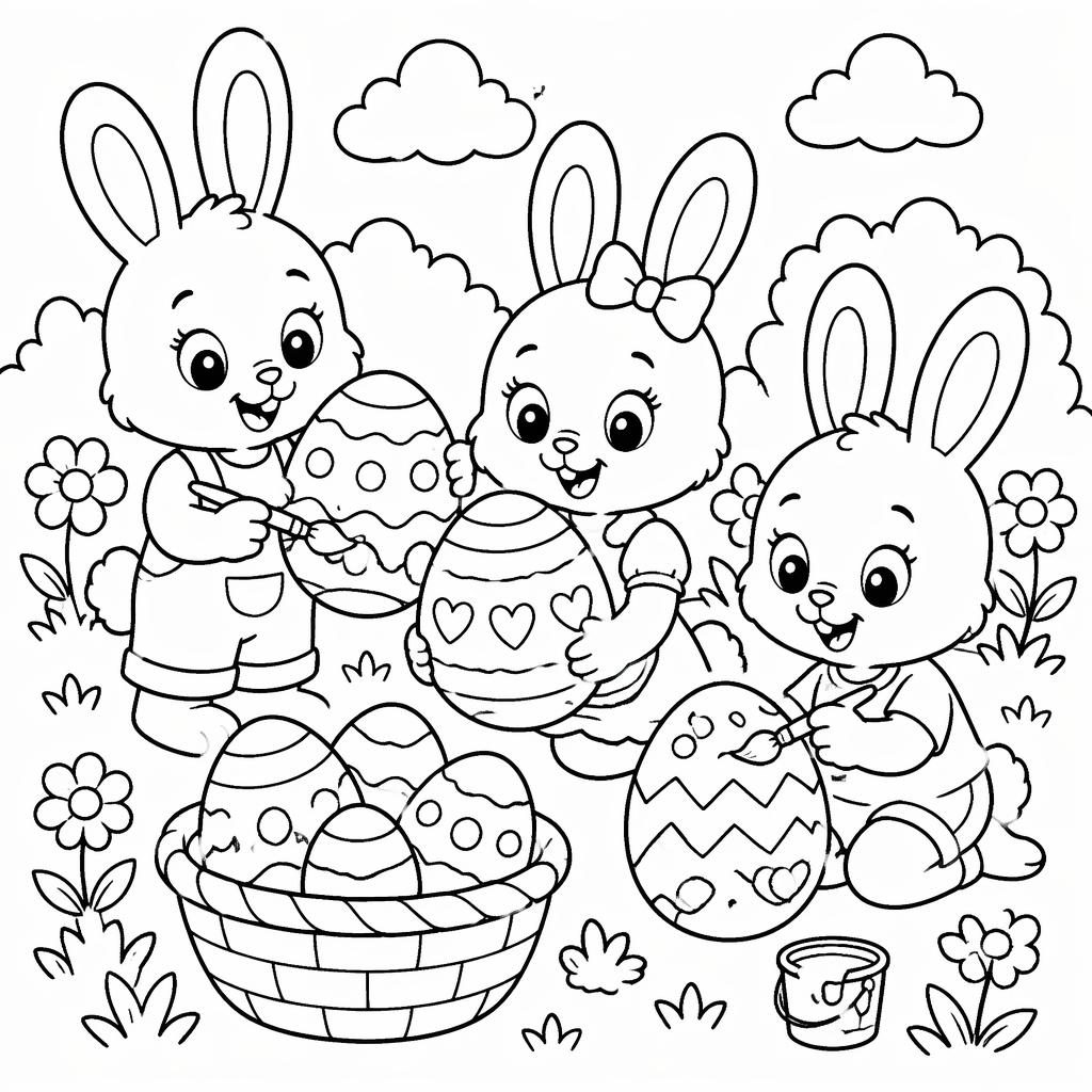 Schwarz-weißes Ausmalbild mit mehreren Ostereiern und süßen Hasenkindern im einfachen Cartoon-Linienstil.