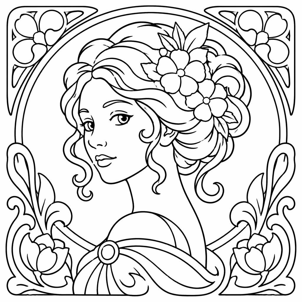 Retrato de mujer estilo art nouveau en dibujo lineal blanco y negro, simple, tierno y listo para colorear