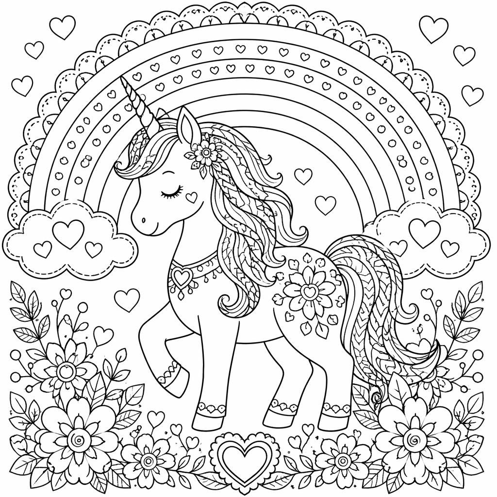 Ilustración en blanco y negro de un unicornio infantil con arcoíris, estilo mandala detallado, para colorear.