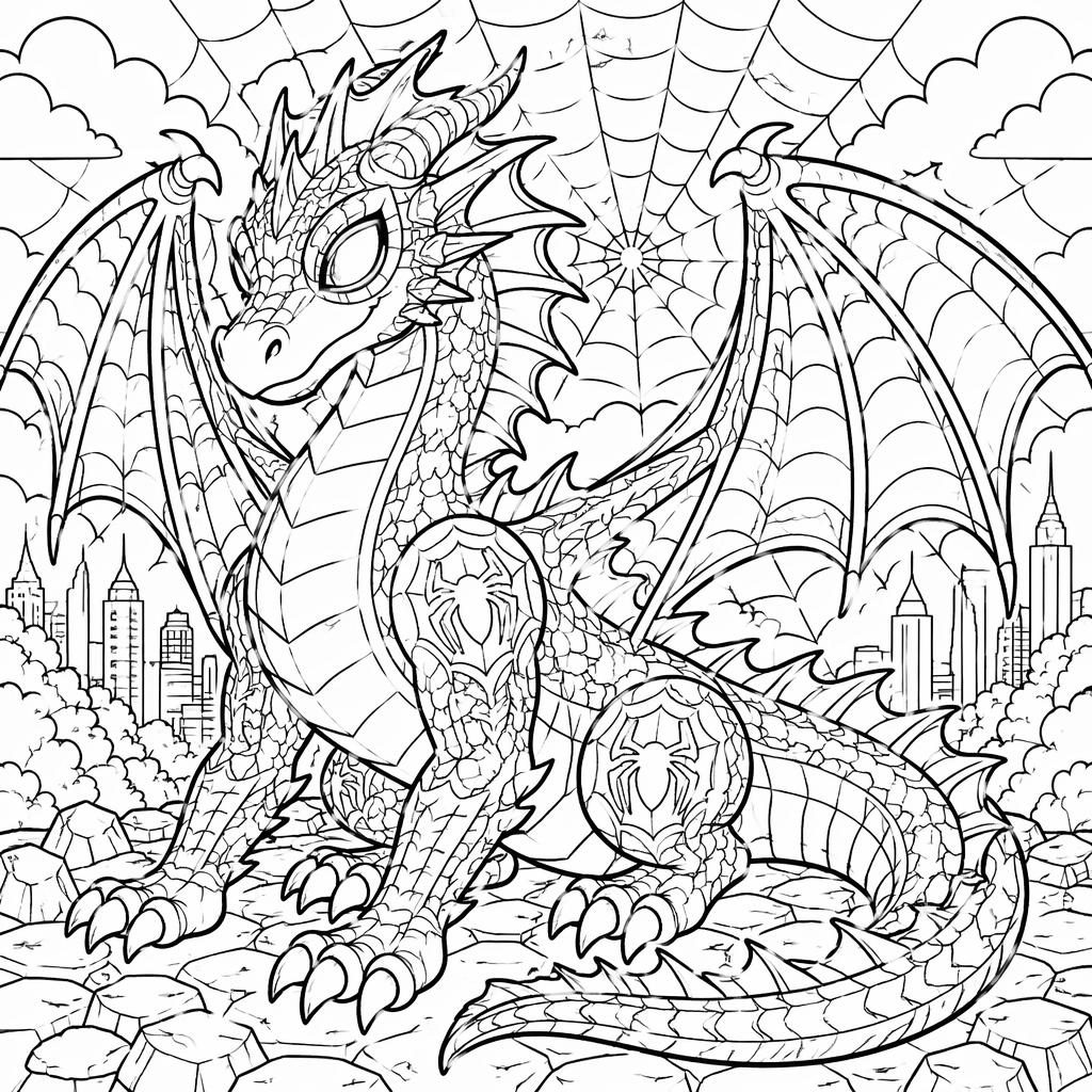 Black-and-white coloring page of a friendly adult fantasy dragon with intricate manga-inspired line art and closed shapes.