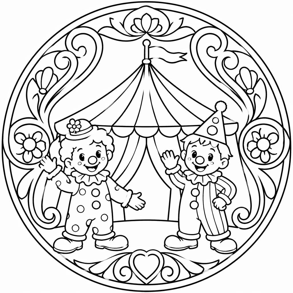 Ilustración en blanco y negro de una carpa de circo con payasos niños, estilo art nouveau simple, lista para colorear.