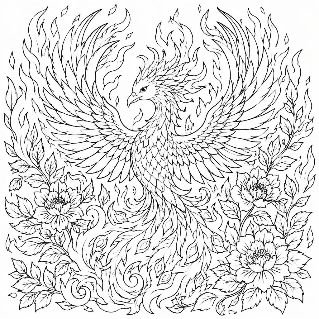 Illustration noir et blanc d’un phénix en flammes, style botanique, avec contours nets et détails pour coloriage adulte.