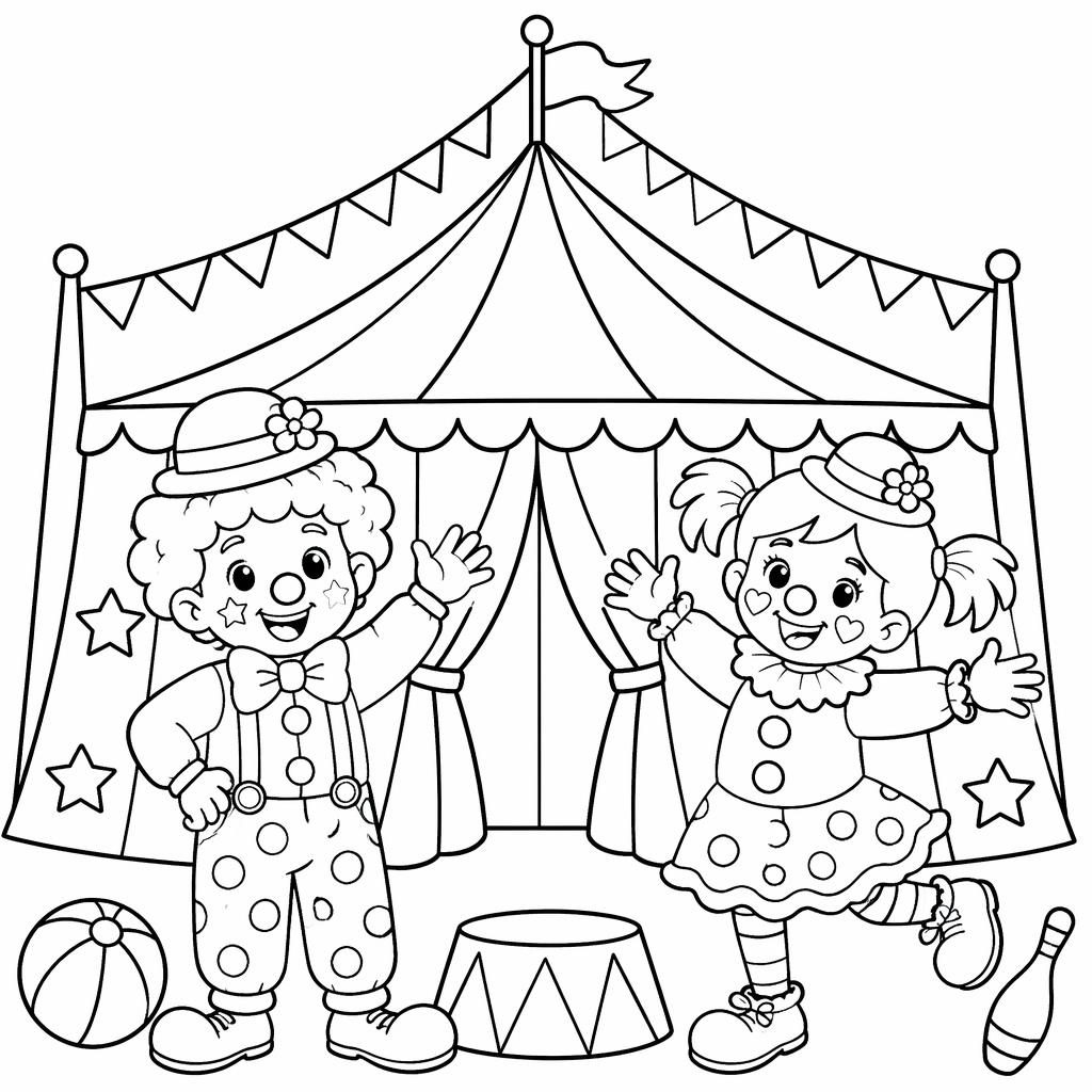 Illustration noir et blanc d’un chapiteau de cirque avec des clowns enfants, style dessin mignon à colorier.