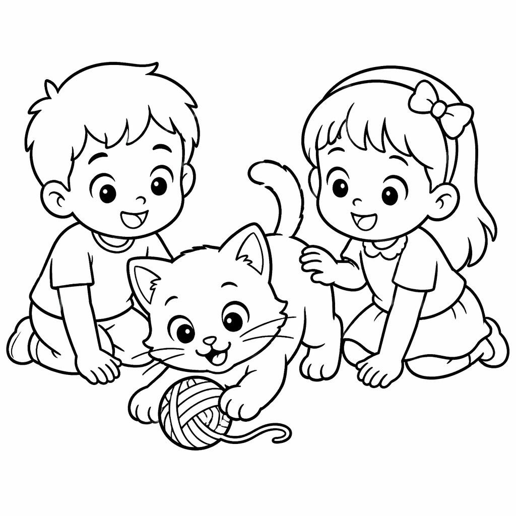 Ilustración para colorear en blanco y negro de un gato juguetón con niños, estilo manga simple y contornos gruesos.