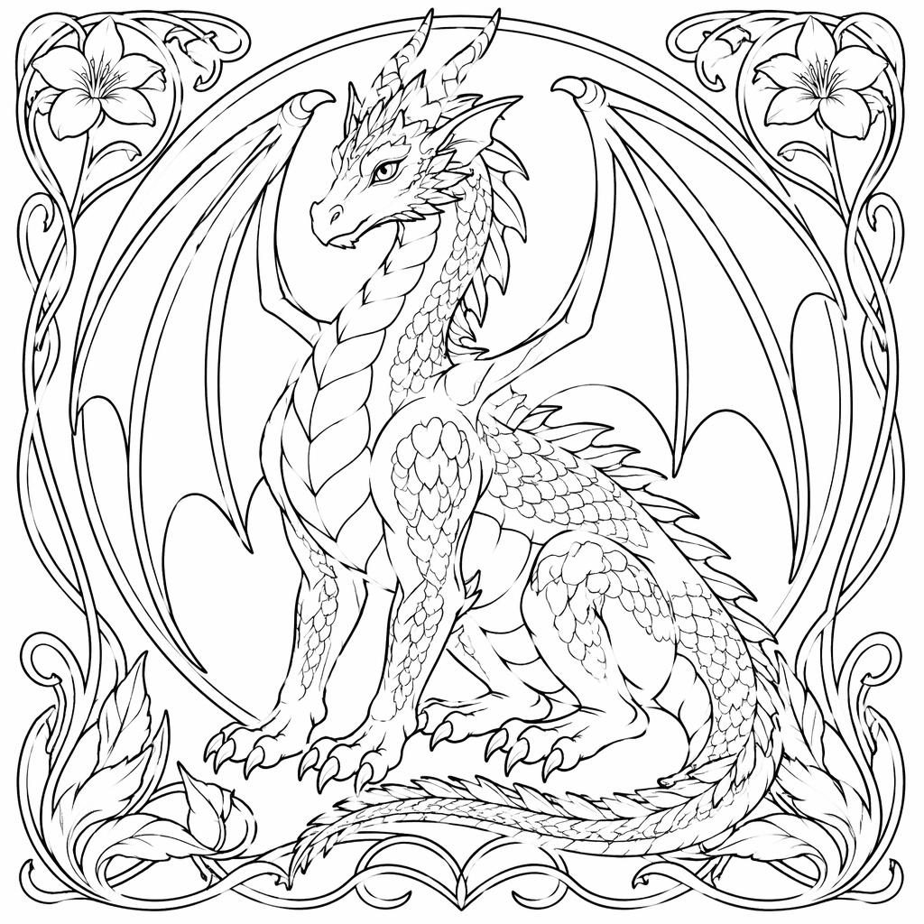 Ilustración en blanco y negro de un dragón fantástico adulto con líneas limpias, estilo art nouveau para colorear.